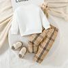 Baby Two-Piece Set Cute Bear Bow Tie Sweatshirt + Vintage Plaid Long Pants Casual Outfit