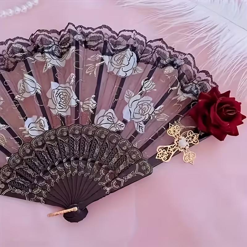 Vintage Spanish Flamenco Folding Fan Rose Lace Hand Fan Elegant Black Decorative Fan for Wedding Party Stage Performance Costume Accessory
