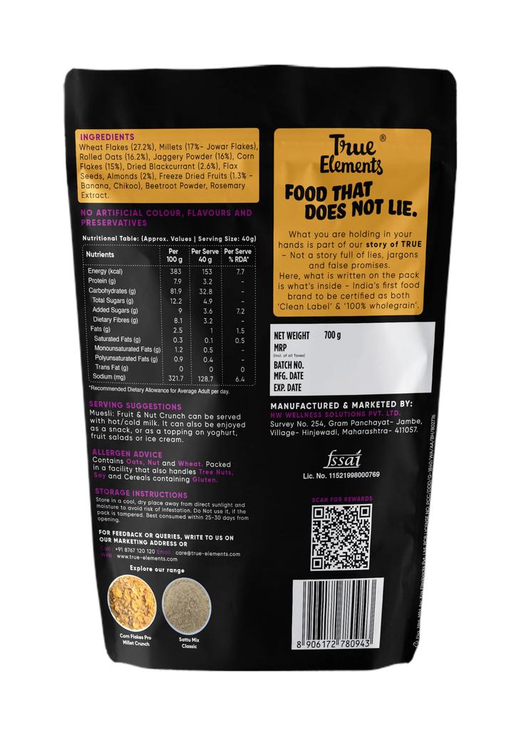 True Elements Obst & Nuss Crunch Müsli 700g | Obst und Nüsse | Cerealien für das Frühstück | Reich an Ballaststoffen | Müsli mit Haferflocken und Nüssen