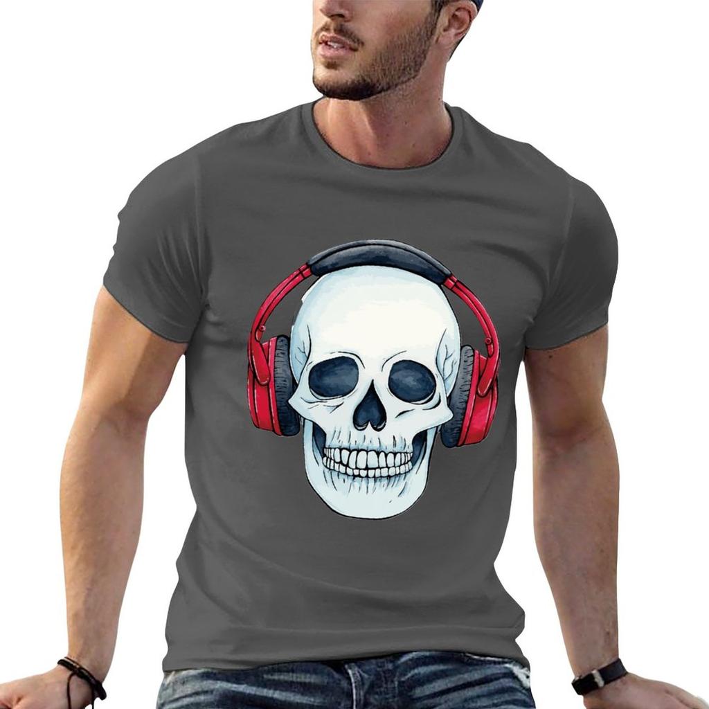 Neues Totenkopf mit Kopfhörern T-Shirt Sweatshirts schwarze T-Shirts niedliche Oberteile Herren Grafik-T-Shirts Hip Hop