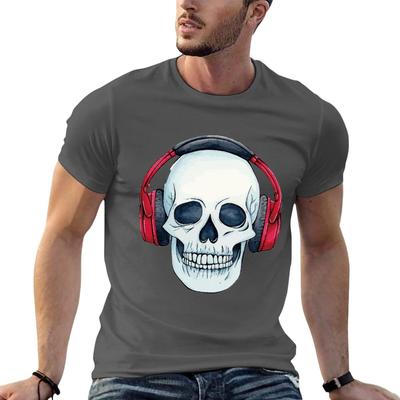 Nieuw T-shirt met schedel met koptelefoon, sweatshirts, zwarte t-shirts, leuke tops, grafische t-shirts voor heren, hiphop