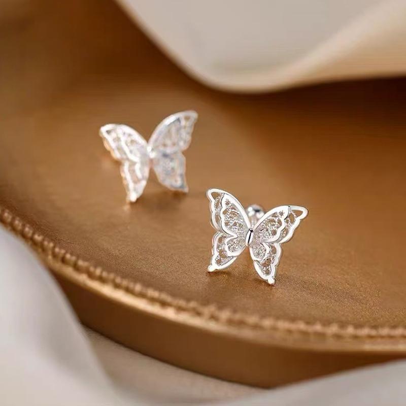 925 Silver Hollow Butterfly Bead Screw Stud Earrings For Women Cute Insect Fine Jewelry Small Niche Luxury Accessories