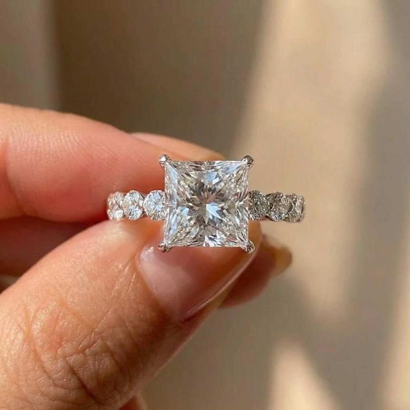 925 Sterling Copper Eternity Princess Square Cubic Zirconia Crystal Rings Women's Wedding Engagement Luxury Classic Lady Zircon