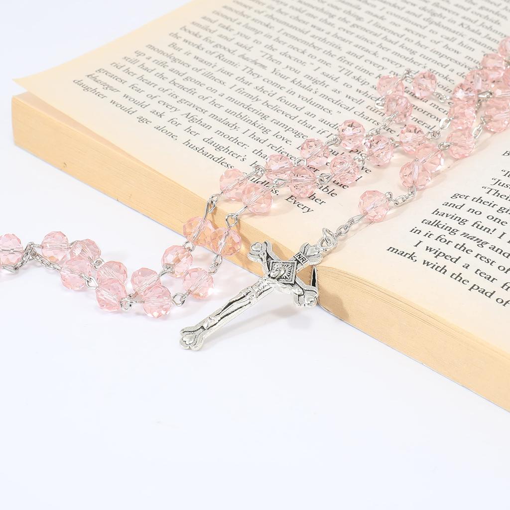Light pink crystal bead rosary Catholic necklace with sacred earth medal and cross.