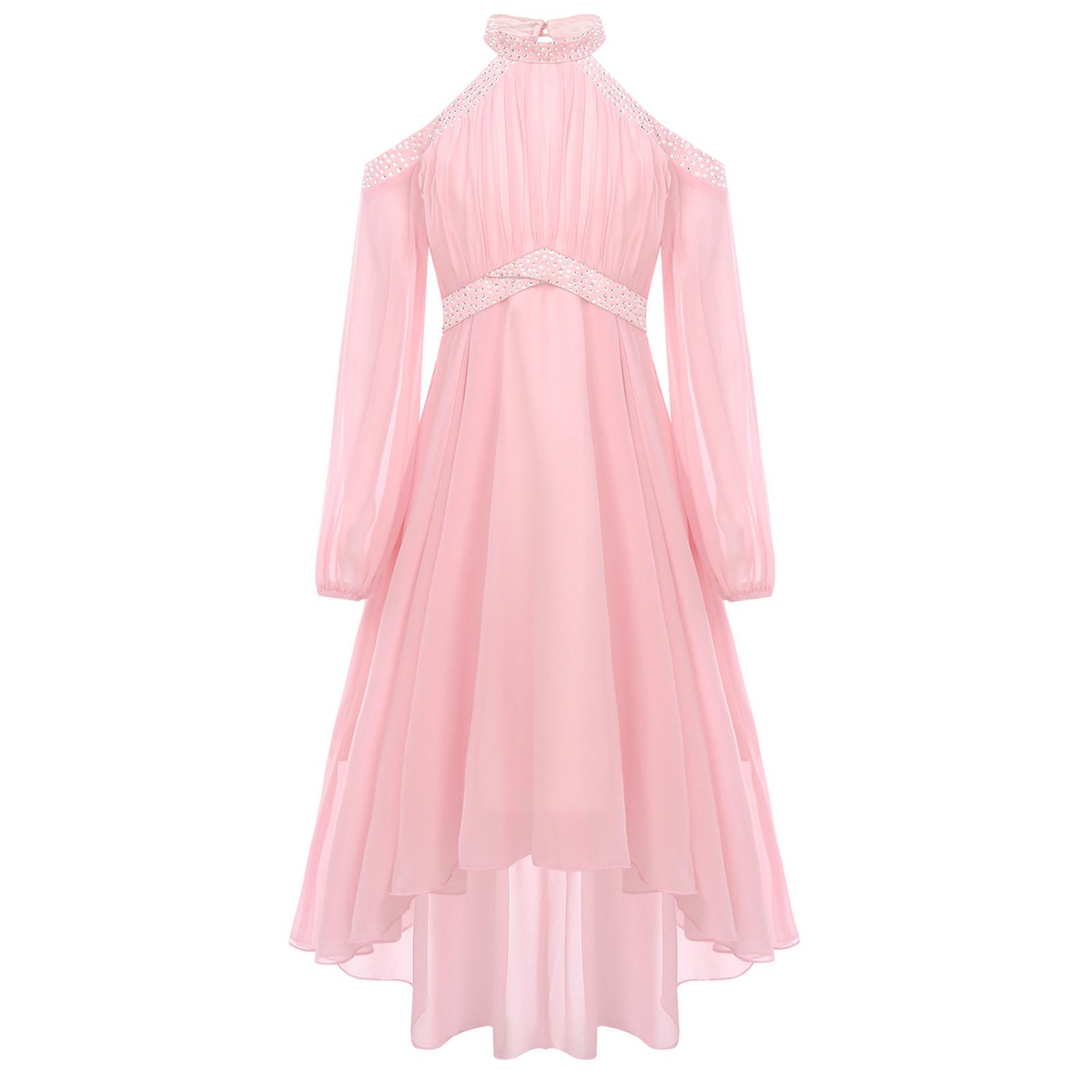 

Дівчата Елегантна Вечірня Сукня Халтер З Відкритими Плечима Довгий Рукав Висока Талія З Рюшами Нерегулярний Поділ Дизайн зі Штучними Діамантами Сукня 15-16 Years рожевий