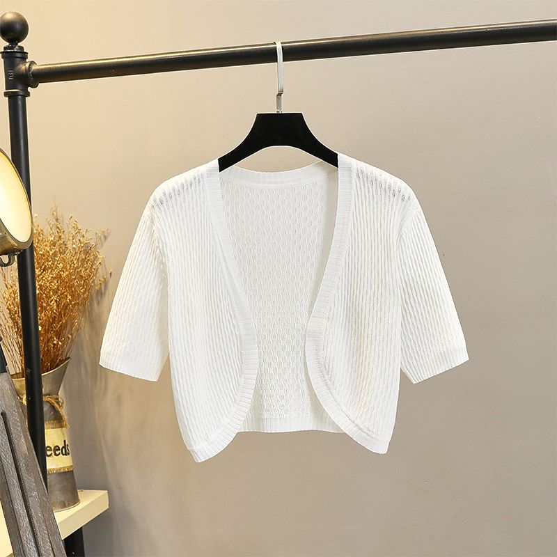 

Вязаный кардиган из ледяного шелка, женский летний тонкий короткий рукав, платье-слинг, короткий жилет, верхняя одежда, сочетается с короткой шалью и рубашкой от солнца