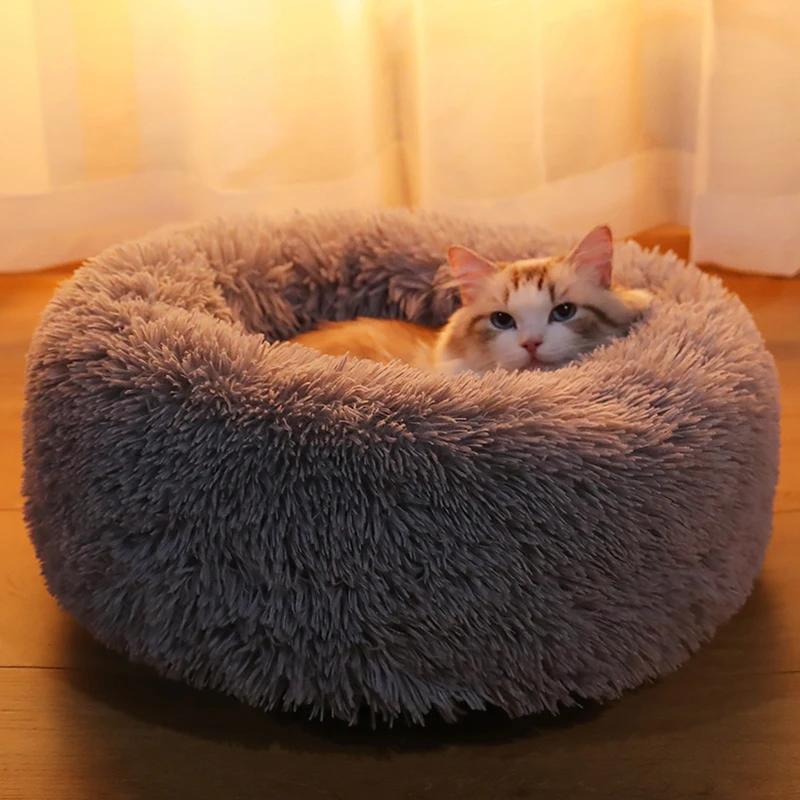 40-100cm Round Cat Bed Pet Bed Kennel Non-Slip Winter Warm Dog Kennel Sleeping Long Plush Soft Puppy Cushion Mat Cat Supplies