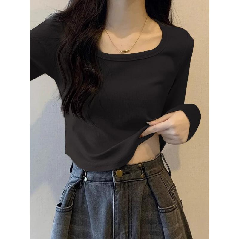 

Абрикосовая футболка с закругленным подолом и длинными рукавами для женщин, начало осени, квадратный воротник, приталенный крой, нерегулярная низ рубашки, верхняя часть XL