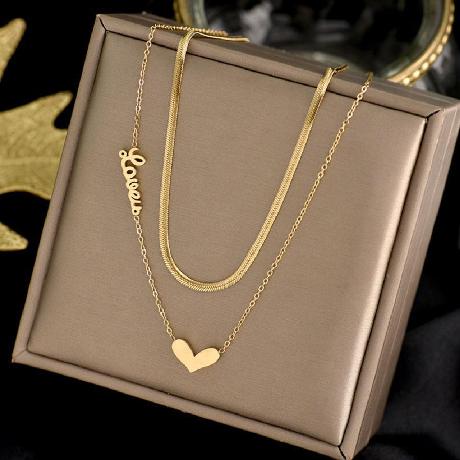Double Layered Heart Necklace - Titanium Steel, Non-Fading, Trendy Cold Style Design for Women.