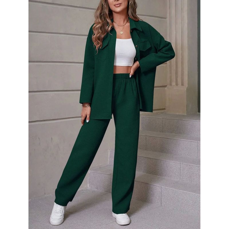 

Flip Collar Cardigan Pants Casual Suit Lapel Cardigan Trousers Casual Set Green XL