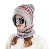 Women Hat with Long Scarf Full Face Guard Warm Knit Thermal Fleece Winter Ski Hat Patchwork Color Plush Ball Decor Cold Weather Headgear