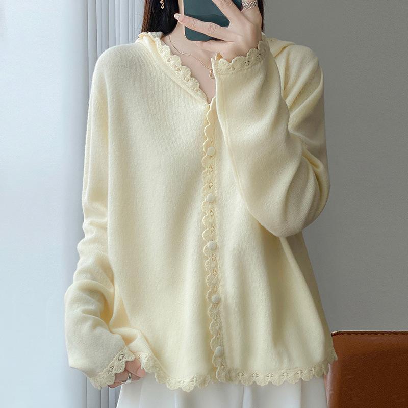 Autumn And Winter New Wool Lace Hooded Knitted Cardigan Bag Buckle Solid Color Loose Versatile Top Jacket