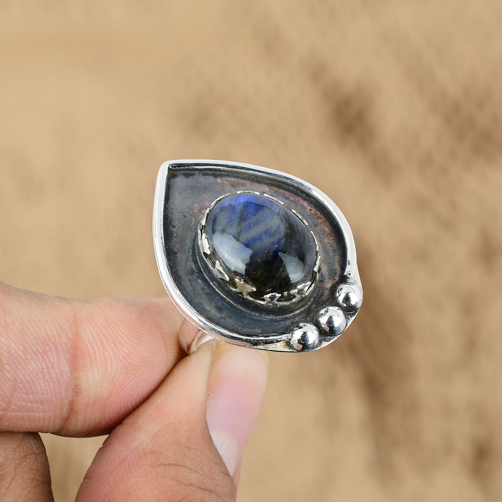 Natural Labradorite Gemstone Multi Stone Adjustable Ring 925 Silver For Women