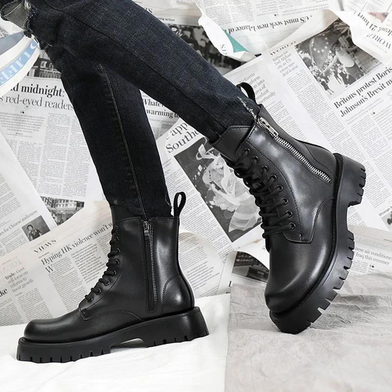 Autumn Winter Shoes Men Leather Snow Boots Thick Sole Non-slip Warm Plush Cold Winter Military Male Ankle Botas Black