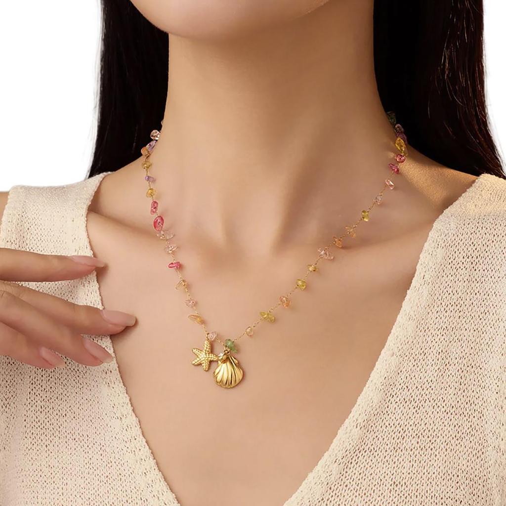 Elegant Gold Plated Stainless Steel Necklace Anklet Bracelet Set with Colored Crushed Stone and Starfish Rhinestone
