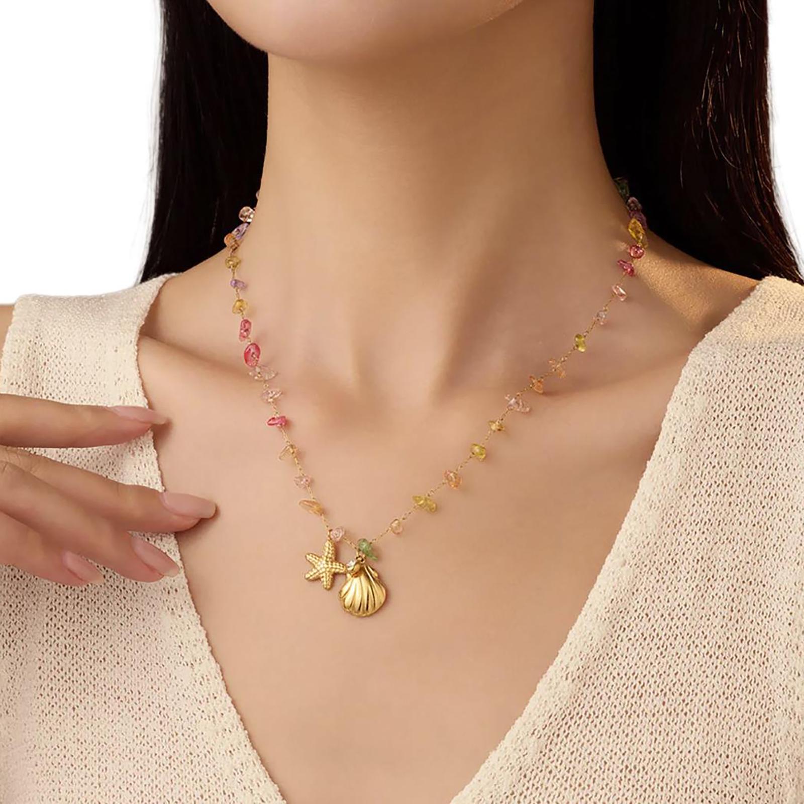 

Vintage Style Crushed Stone Neck Chain Waterproof Stainless Steel Necklace With Sea Themed Charms for Daily Wear Travel