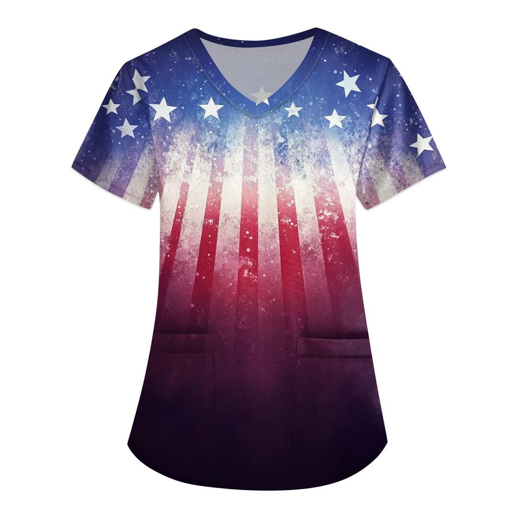 Women's Fashion V-Neck Short Sleeve Overalls With Pockets Print Tops Clothes