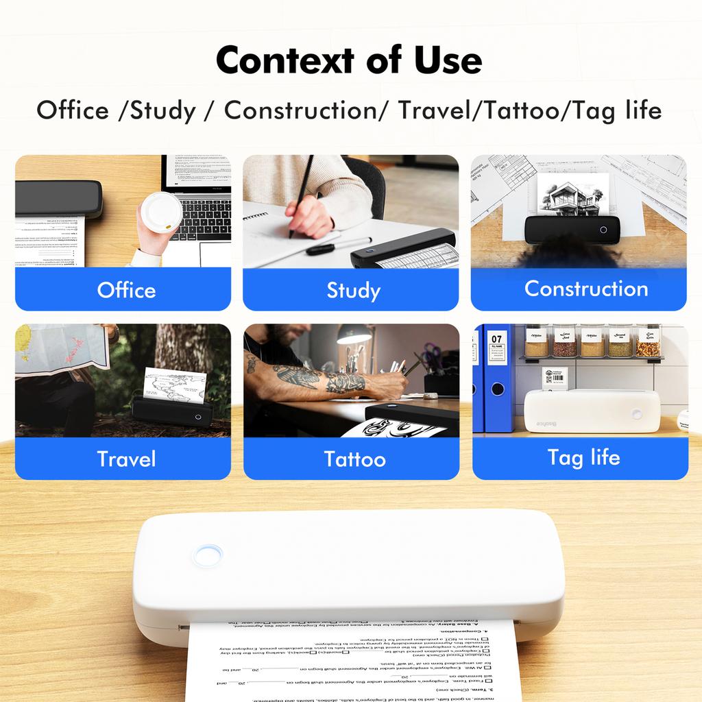 Bisofice A4 Portable Thermal Transfer Printer Wireless&USB Connect Connect with Mobile Computer 56mm 77mm 107mm
