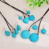 Turquoise Stone Heart Pendant Necklace Earring Set Charming Love Heart Shape Pendant Brown Leather Necklace Earrings Set