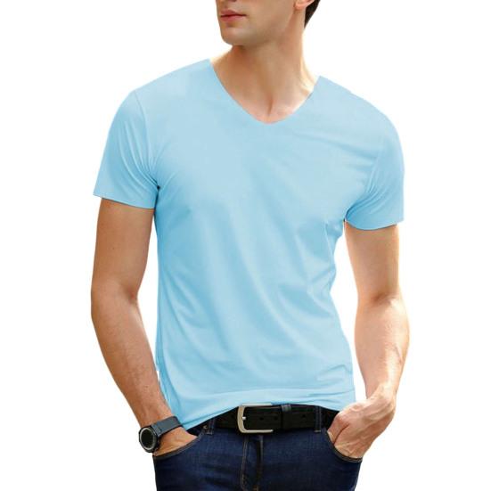 Men Summer T-shirt Solid Color Seamless Ice Silk V Neck Short Sleeves Soft Breathable Pullover Sports Business