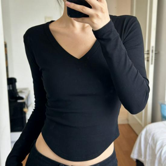 Top Feminino de Gola V Slim Fit Manga Longa Bainha Curva Primavera/Outono 2024