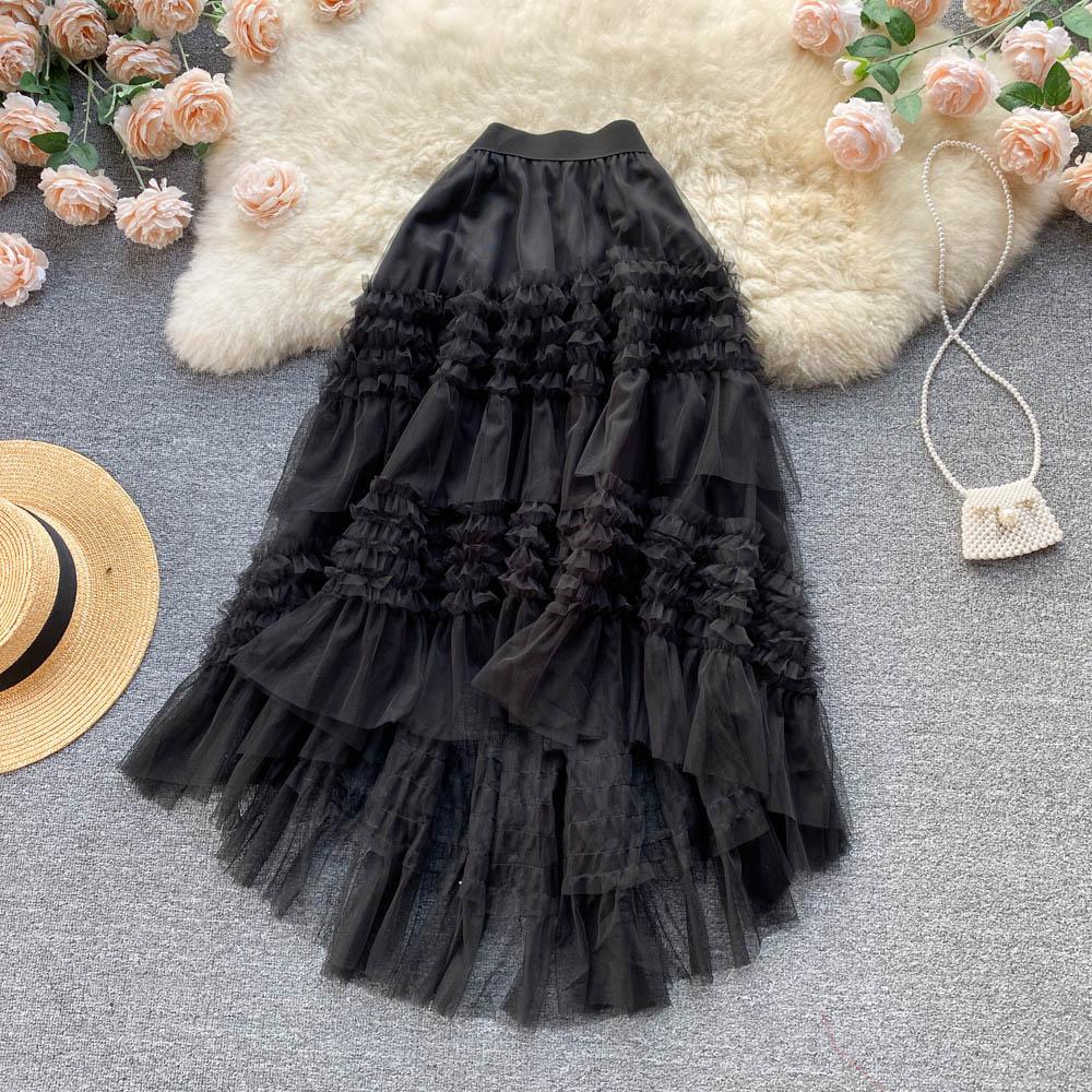 Gerüschter Feen-Temperament-Rock Frühling und Sommer Dünn und Lang Hohe Taille A-Linienform Mesh Unregelmäßiger Kuchenrock