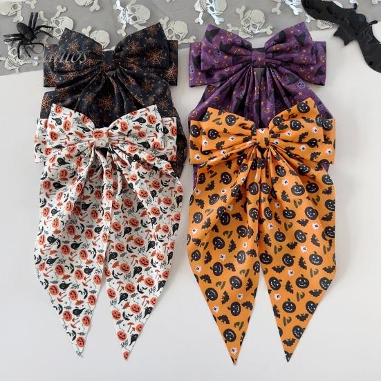 Pumpkin Hairpin Halloween Silky Satin Hair Bows, Big Ribbon Bow Clips, Oversized Long Tail Barrettes, Clip Cute Ghost Witch Hat Spider Web Hairpins