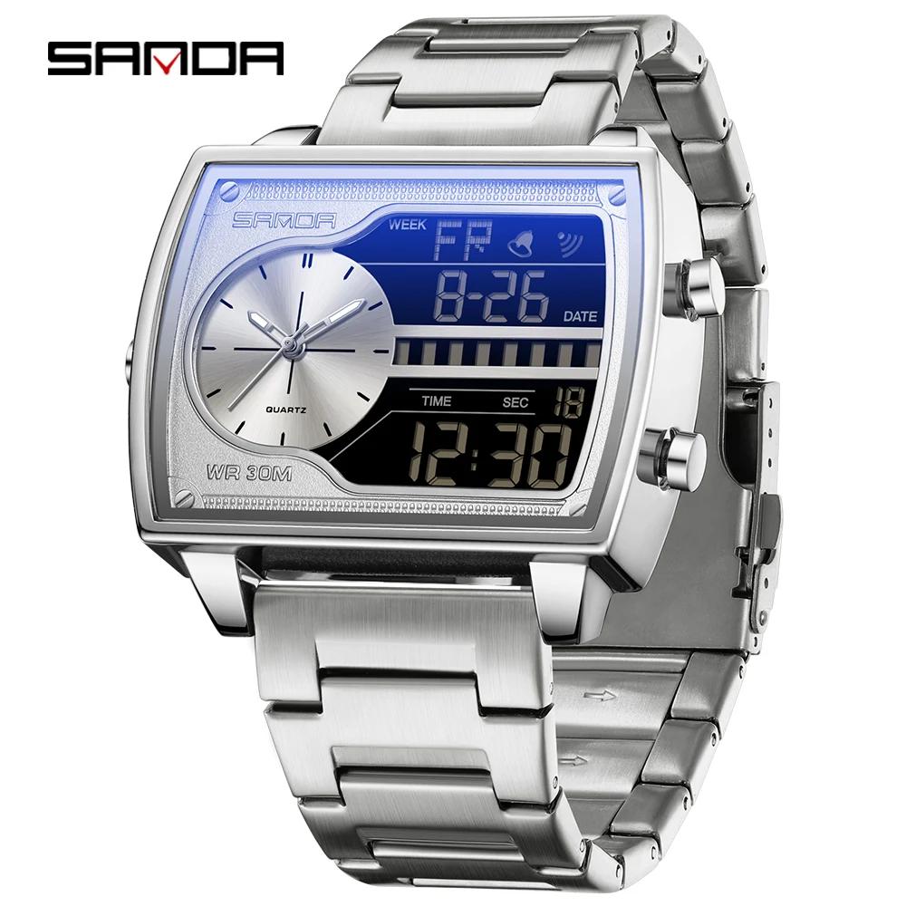 SANDA 6163 Top Luxury Fashion Men's Quartz Electronic Dual Screen Watch Waterproof Countdown Quartz Steel Strip Men's Watch