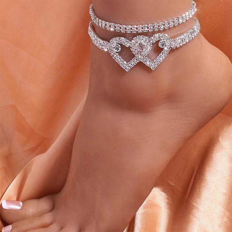 Trendy Double Heart Rhinestone Anklet Bracelet: Versatile, Shiny Beach Jewelry