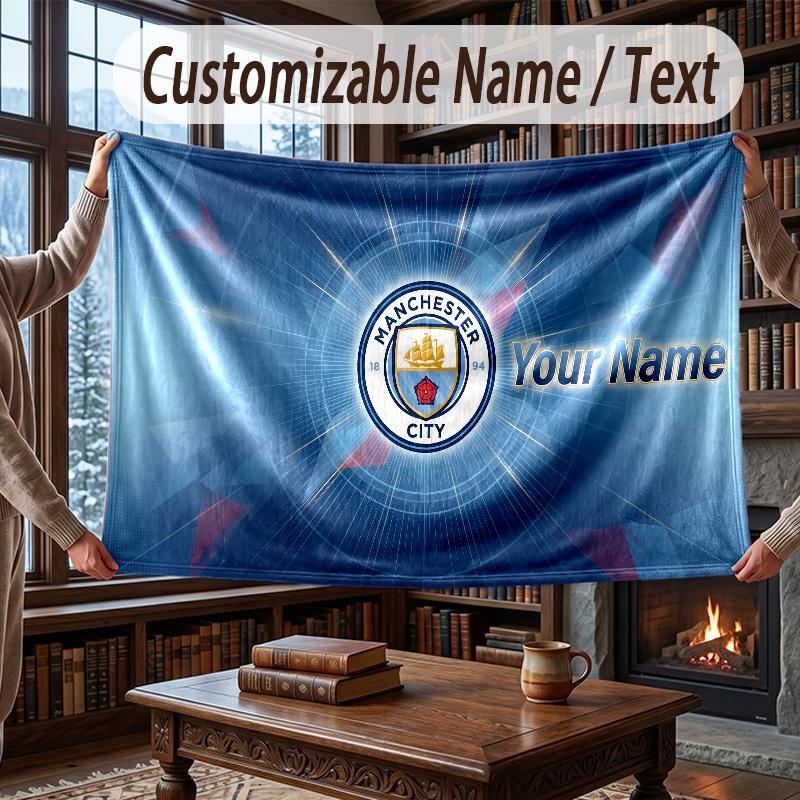 Custom Name Flannel Throw Blanket Manchester City Pattern Warm Home Decoration