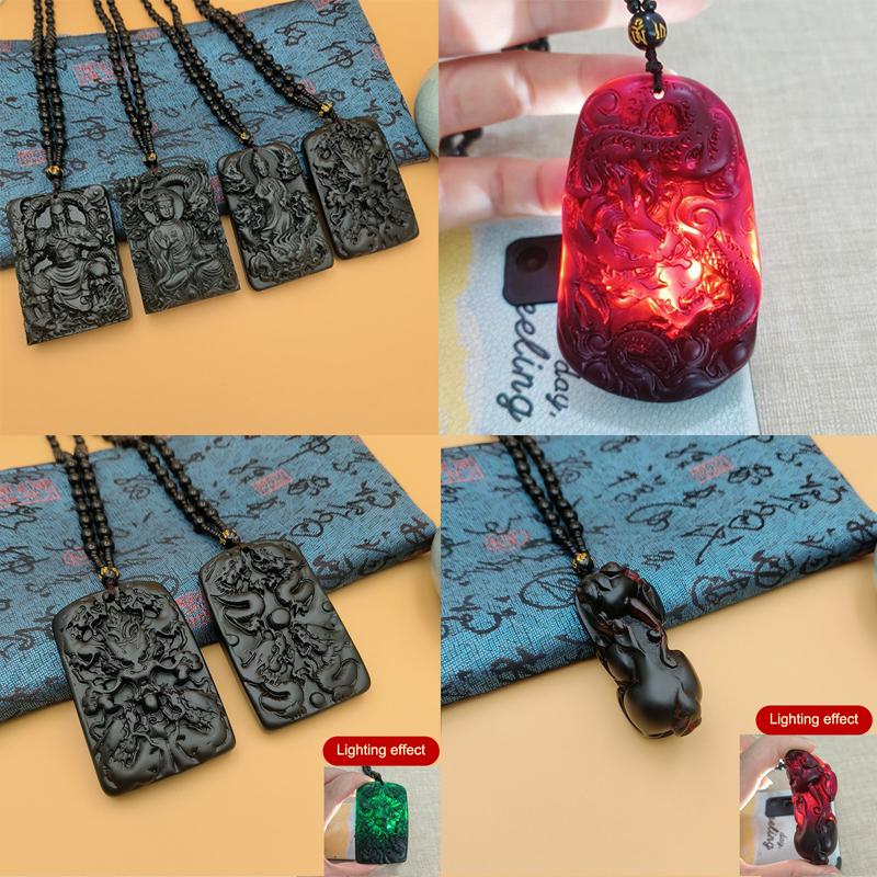 Dragon Plaque Maitreya Buddha Pendant Necklace Light Changing Red Green Amber Resin Pendant Jewelry Gift For Women Men