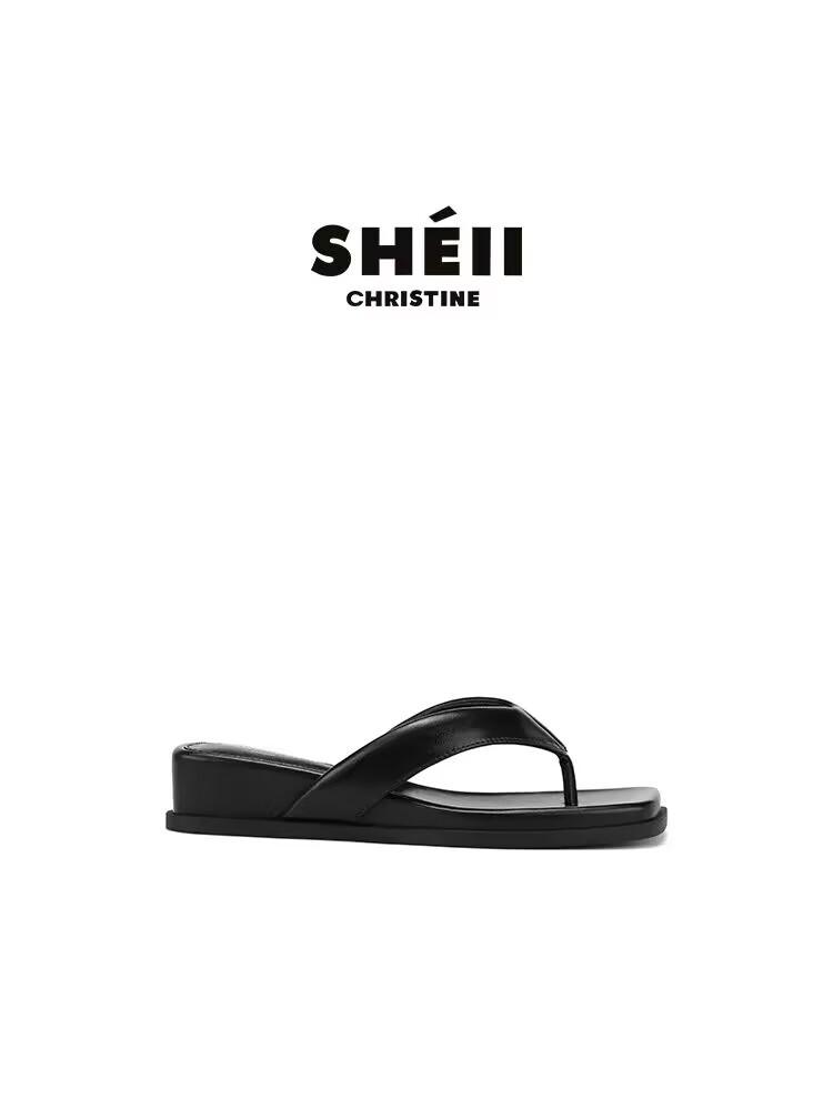 

[Su Yinyin of the same style] Super JI welfare payment~ square toe slope heel beach flip-flops women s sandals outside 40 чёрный