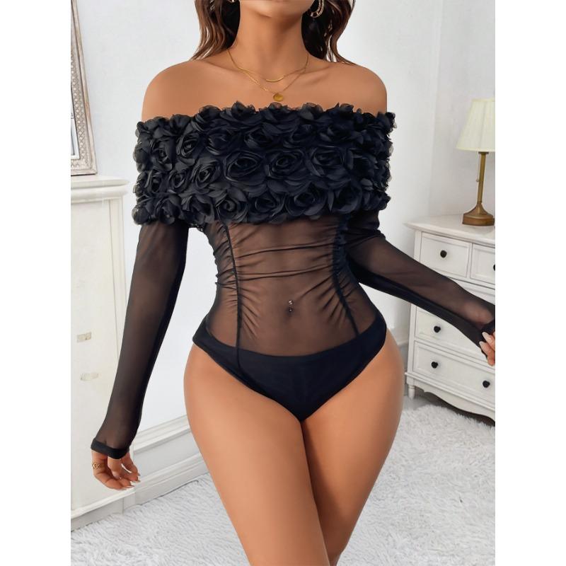 Women Sexy Mesh Off Shoulder Floral Long Sleeve Tight High Waist One Piece Jumpsuit
