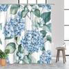 Blue Hydrangea Green Leaves Shower Curtain Realistic Watercolor Design Soft Polyester Easy Install 12 Hooks Elegant Bath Decor