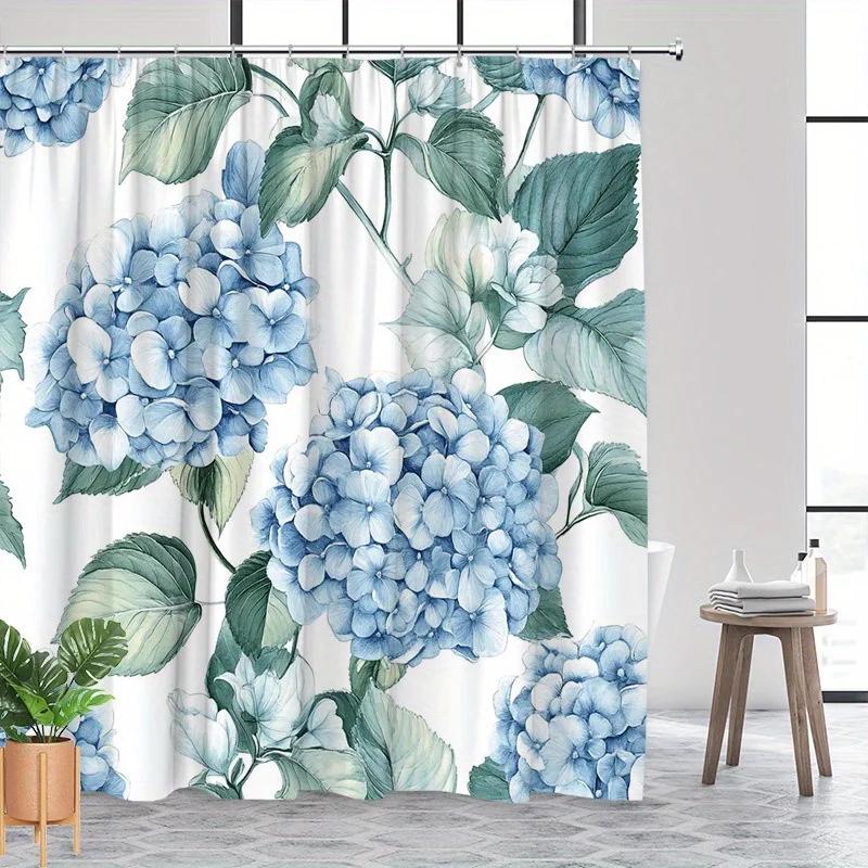 Blue Hydrangea Green Leaves Shower Curtain Realistic Watercolor Design Soft Polyester Easy Install 12 Hooks Elegant Bath Decor