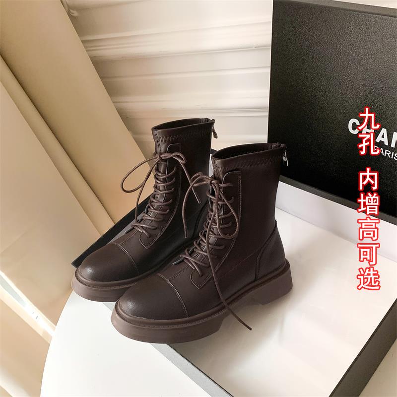 Leather thick-soled Martin boots women's new spring and autumn short boots British style women's boots elastic and thin inner height-increasing boots