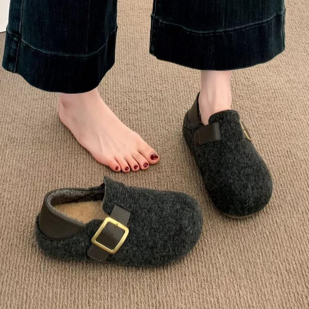 Retro inner height increase two wear Birkenstocks new autumn and winter woolen lazy thick-soled velvet cotton shoes