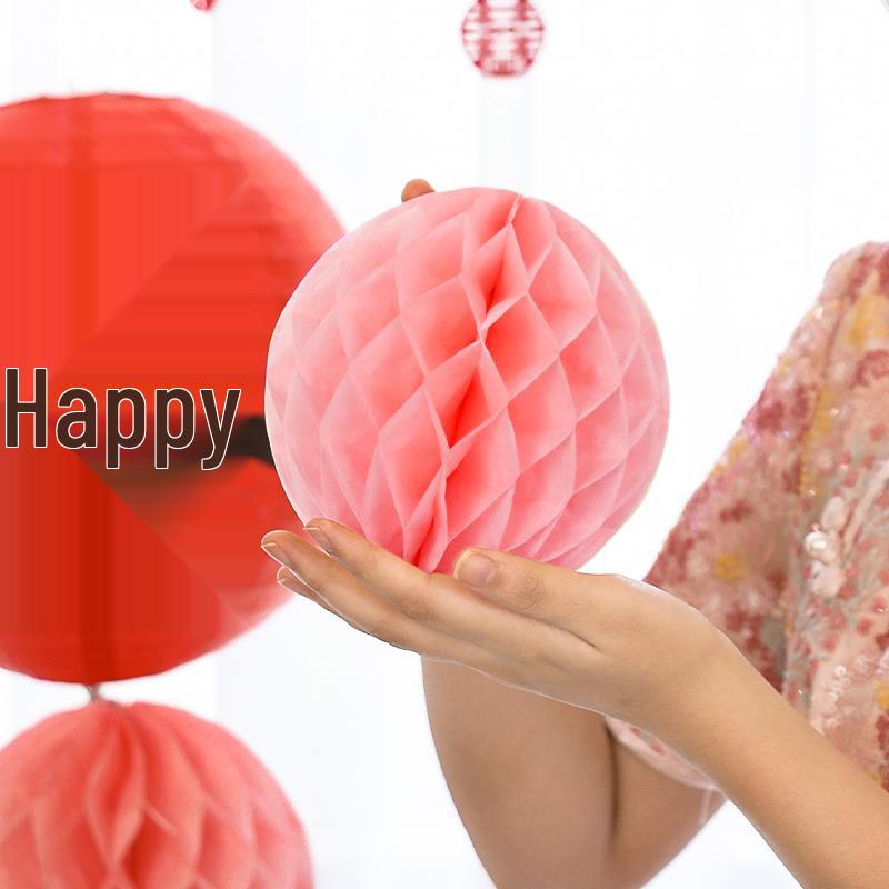 Wedding Double Happiness Garland & Lantern Set with Honeycomb Ball Columns for Background Decor