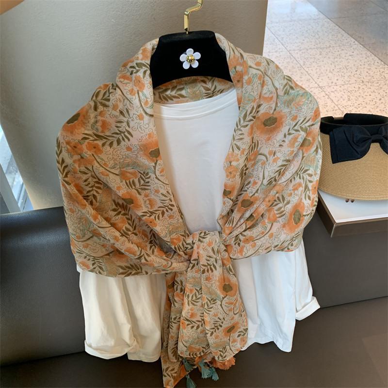 Small fresh floral silk scarf women's scarf sunscreen travel large shawl beach towel thin cotton and linen summer yarn
