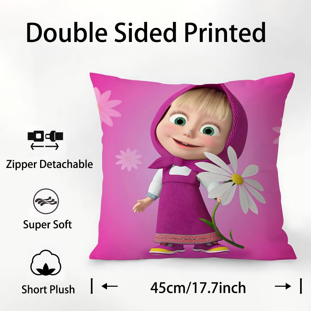 Cartoon Cute M-MashaS And The Bear Pillow Case Square Double‑Sided Print Cushion Case For Sofa Home Bedchamber Decor Gift