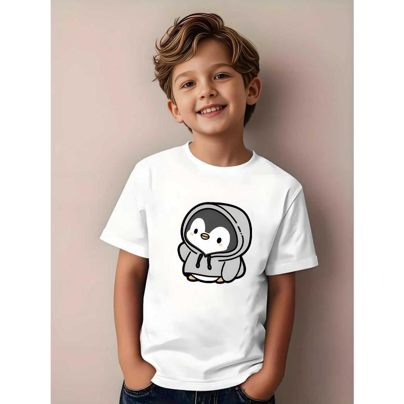 European sizes Boys' Penguin Print Short Sleeve Shirt - Cute Penguin & Penguin! Print Summer Round Neck Tee, Soft Breathable Casual Top