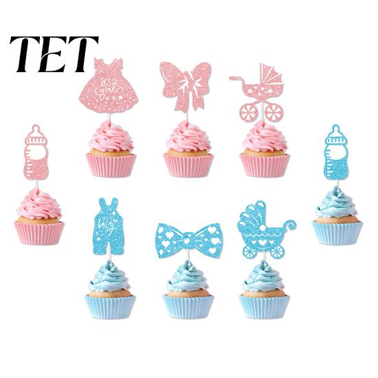 Decorative Picks for Dessert 12Pcs Boy Girl Birthday Cake Toppers, Baby Themed Cupcake with First Decor Bottle, Stroller, Bow, Suit, Glitter Cardboard