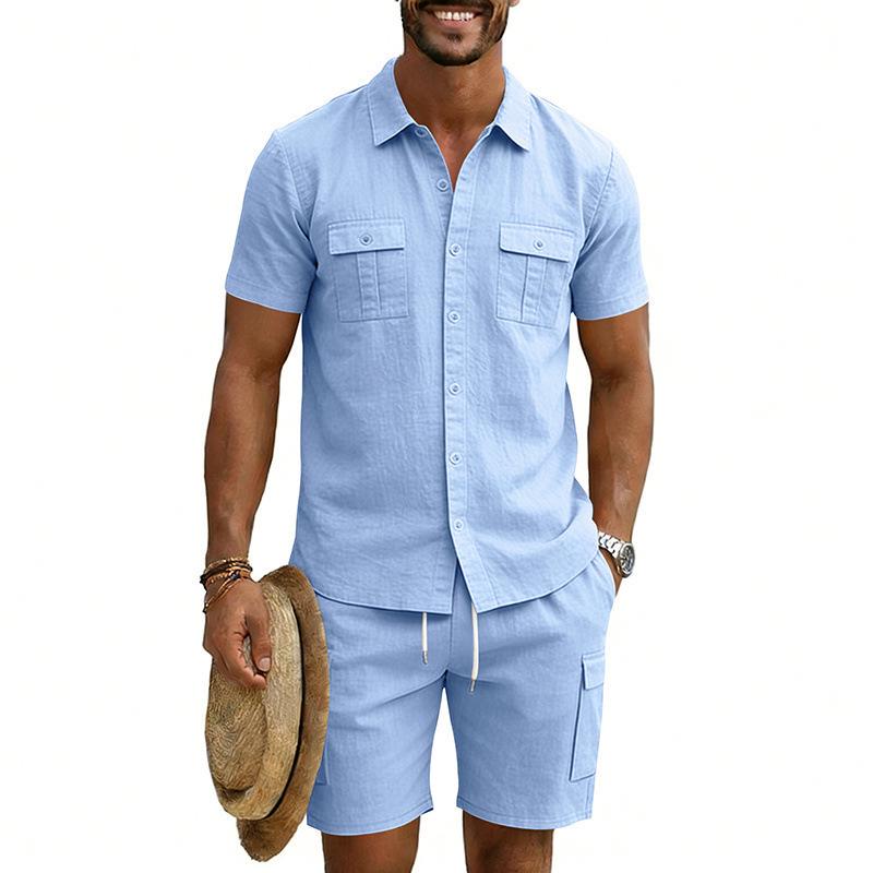 Men's Linen Solid Color Casual Holiday Shirt and Shorts Set