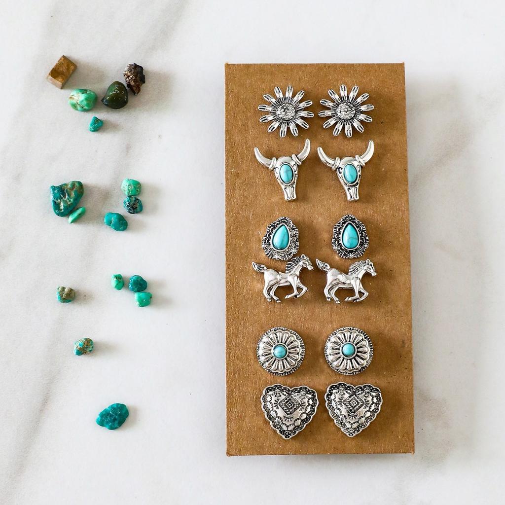 Western Denim Turquoise Earrings, Retro Ethnic Turquoise Flower Bull's Head Horse Love Carved Stud Earrings Women