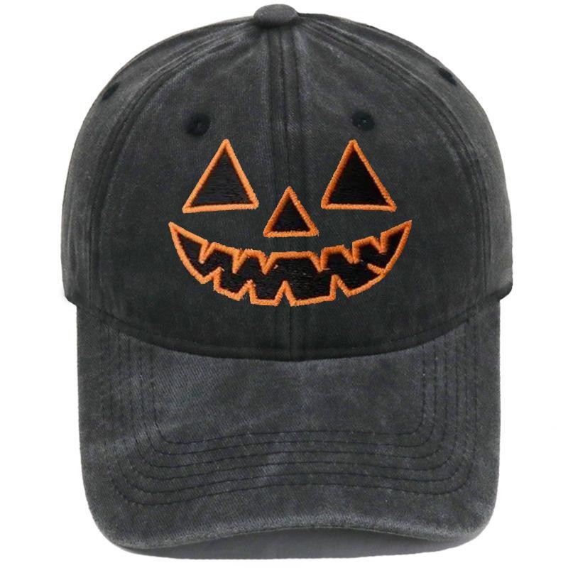 Cross-border Bestseller: Washed Soft-Top Casual Baseball Cap for Men and Women with Halloween Embroidered Pumpkin Smiley Face