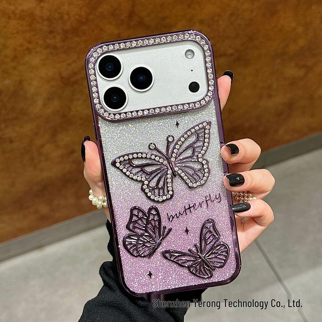 3D Shining Rhinestone Butterfly Case for iPhone 17 Pro Max Electroplated Glitter Protective Cover