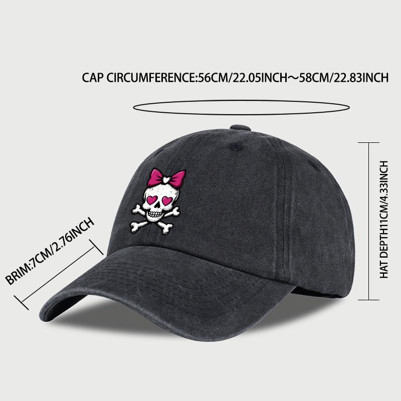 BowTie HeartEyed Skull Crossbones Print Washed Baseball Cap Soft Comfortable Adjustable Lightweight Breathable SweetEdgy