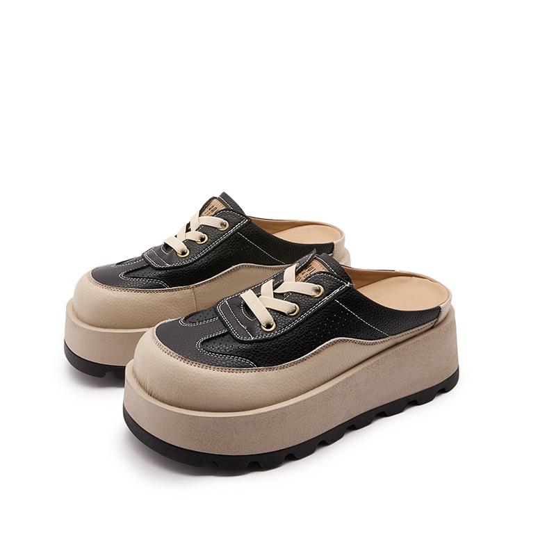 

Кожаные сандалии-шлепанцы на полуплатформе женские летние маленькие мужские на толстой подошве с увеличением высоты, с сумкой на мыске, женские туфли, полые шлепанцы, женские модели 40 чёрный