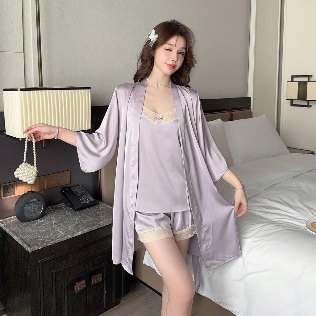 New Sexy Pajamas Women's Ice Ribbon Chest Pad Sling Three-piece Set of Pure Desire Silk Loungewear Can Be Worn Outside
