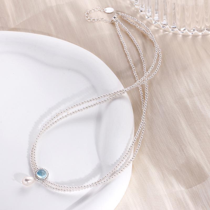 Elegant Double-Layer Clavicle Necklace: S925 Sterling Silver with Aquamarine and Shell Pearls 925 Silver